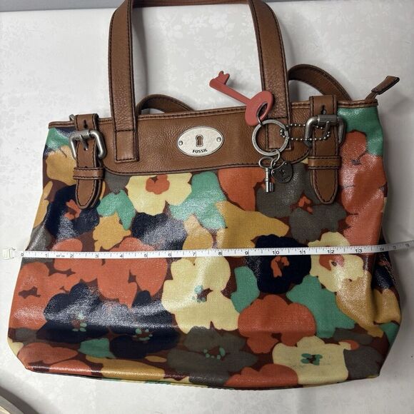 Fossil Key Per Coated Canvas Purse Tote Hand Bag Retro 70s Floral Brown Leather - Picture 11 of 12